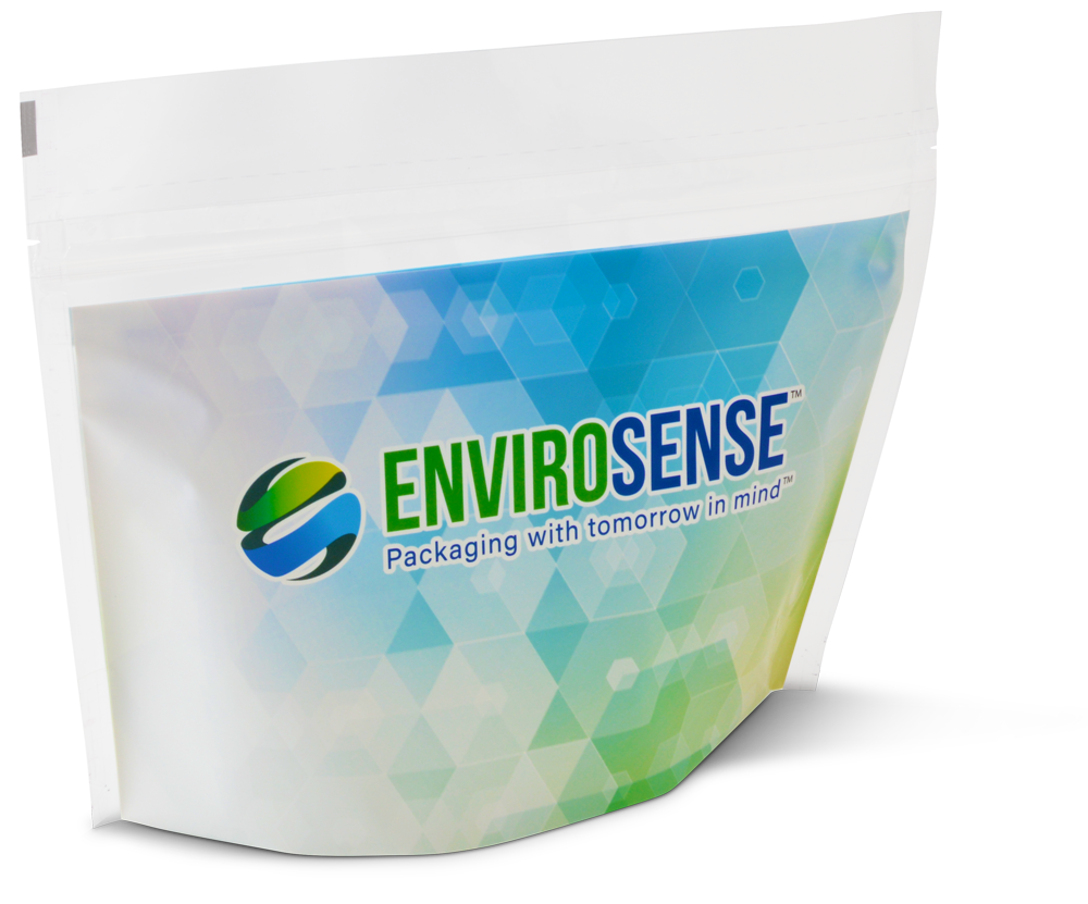 Stan up EnviroFlex pouch with a blue and green EnviroSense logo on top