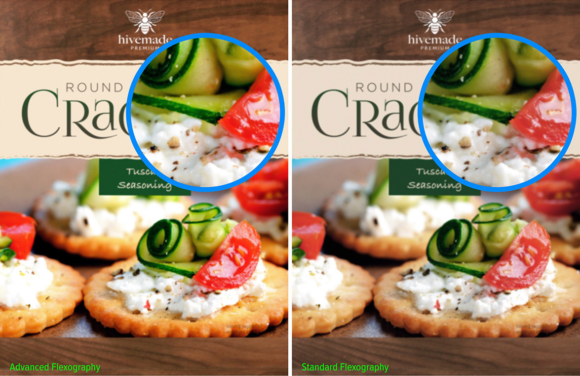 Cracker boxes showing the difference between advanced and standard flexography