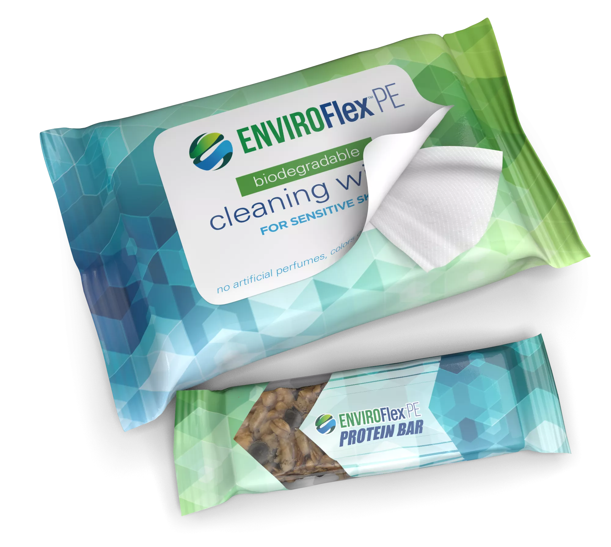 EnviroFlex wipes packaging and a clear EnviroFlex granola bar wrapper