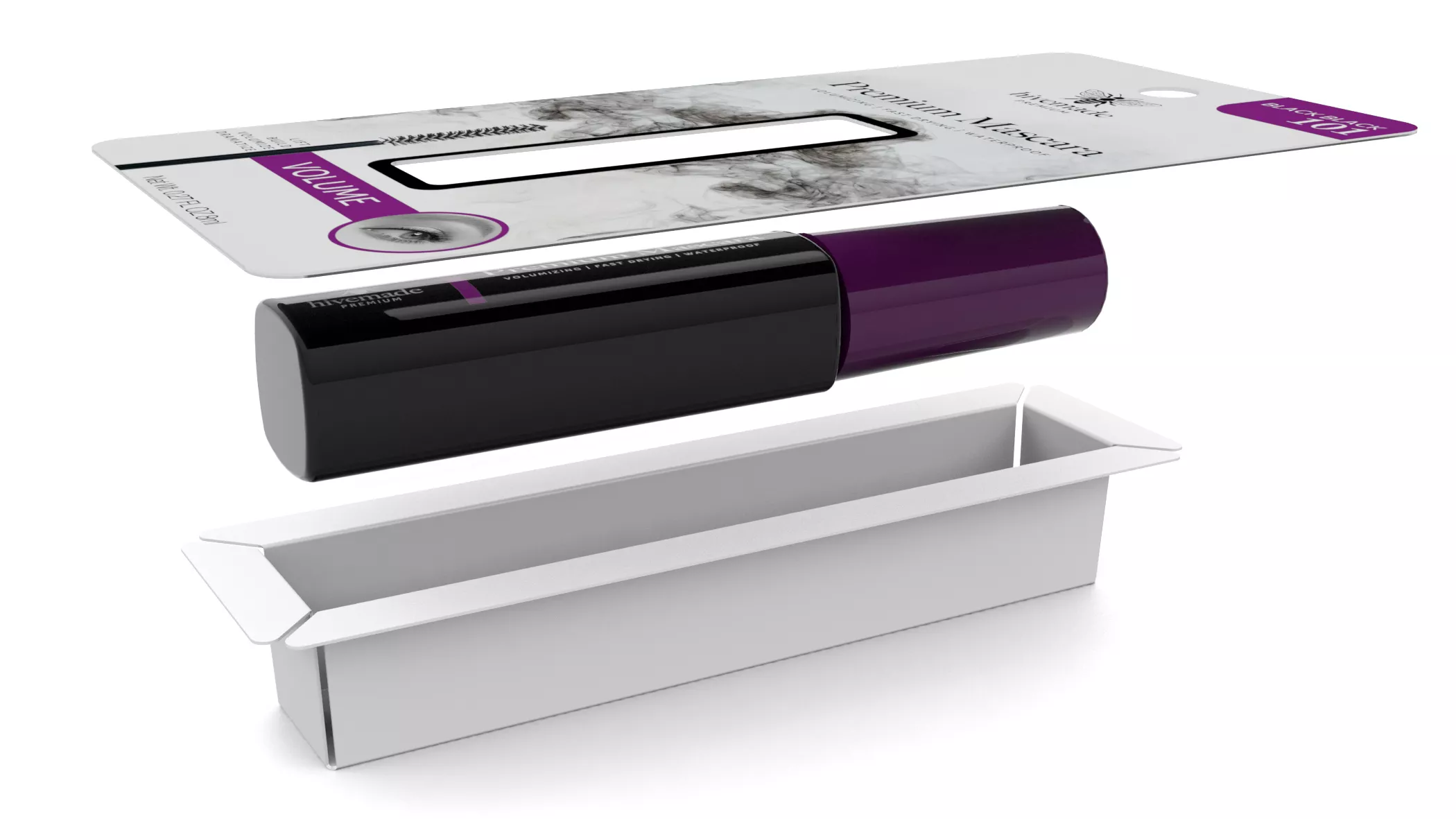 Mascara Packaging with a die cut window, rendered exploded out to show how the product fits in