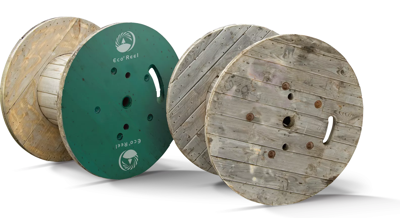 Two wood reels side by side--one reel appears dirty and well-used, while the other has been cleaned, stripped and refurbished.