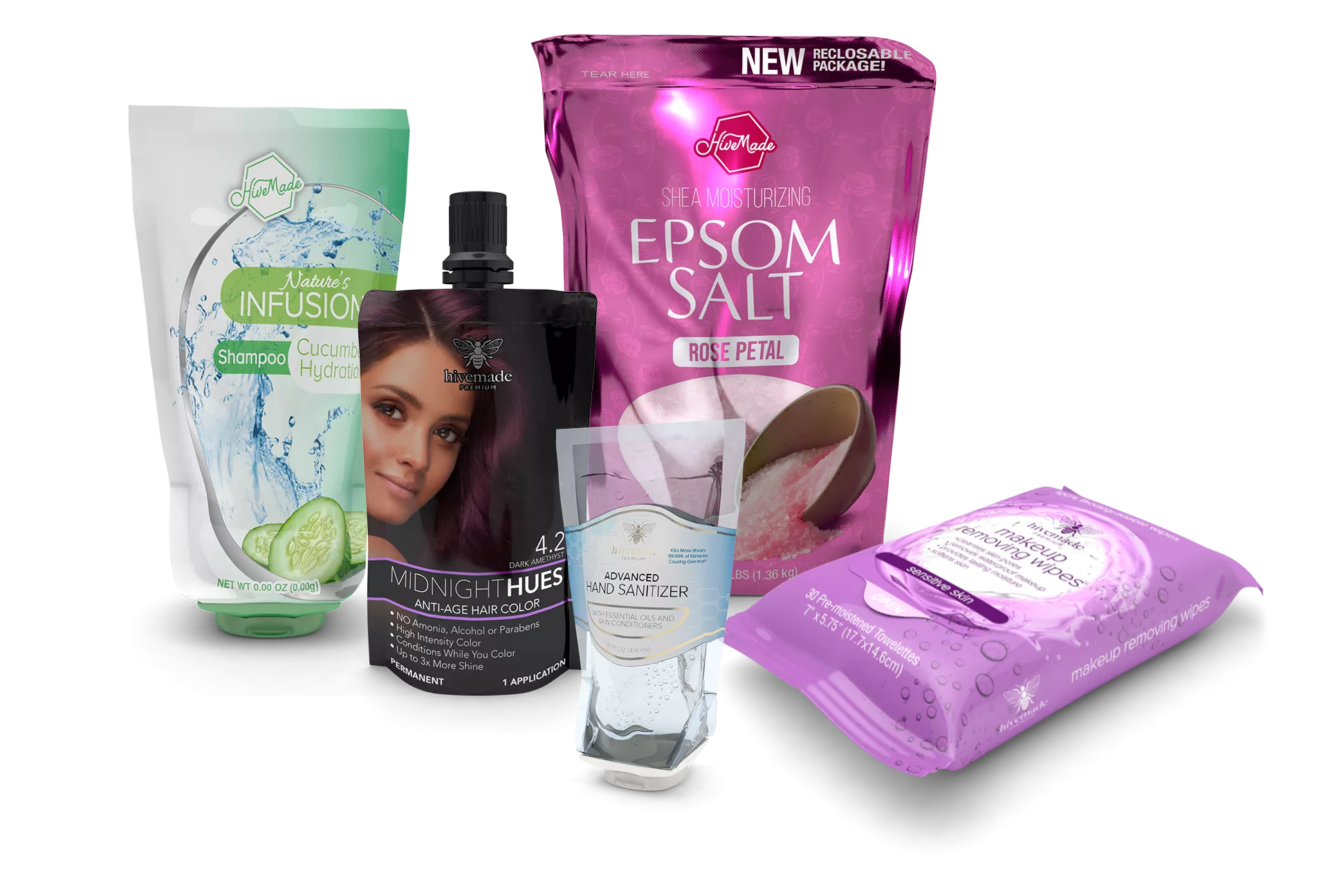 Pouch style package shampoo, hair dye, hand sanitizer and epsom salts