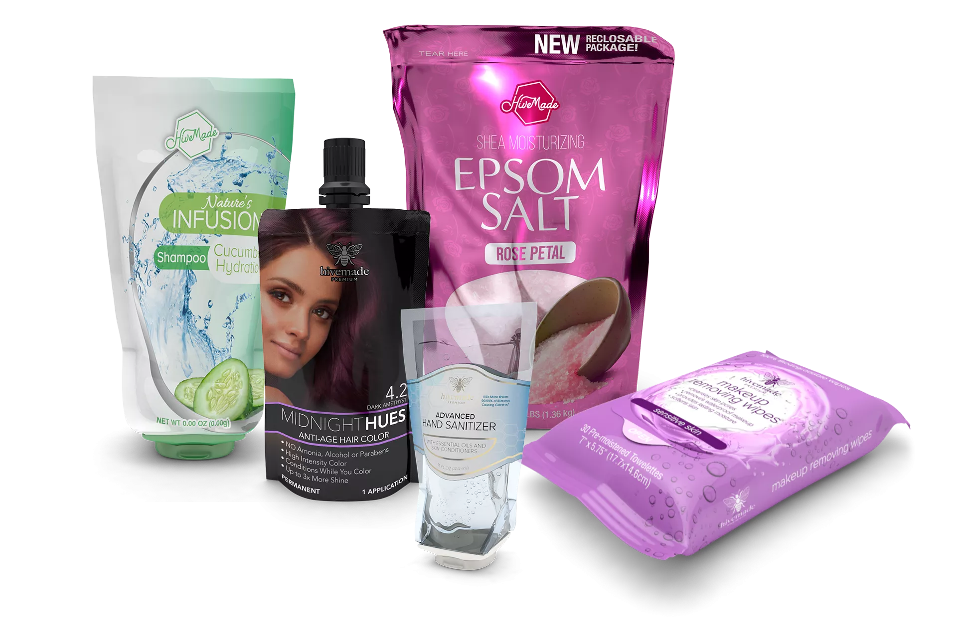 Pouch style package shampoo, hair dye, hand sanitizer and epsom salts Pouch style package shampoo, hair dye, hand sanitizer and epsom salts