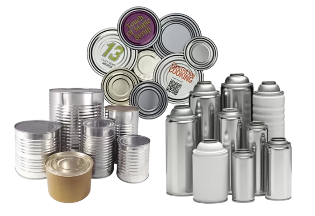 Multiple metal cans in varied sizes and shapes