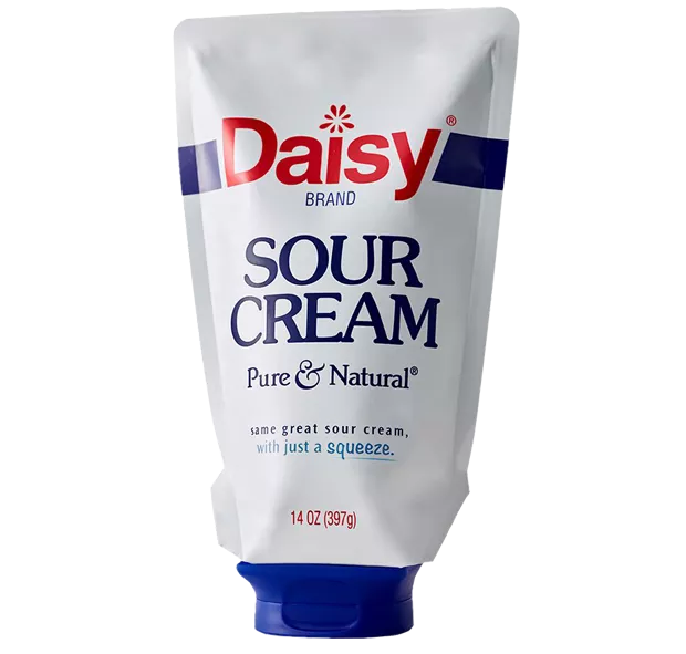 Inverted laminated pouched with dispensing stand cap closure as fitment - shown in Daisy Sour Cream variation