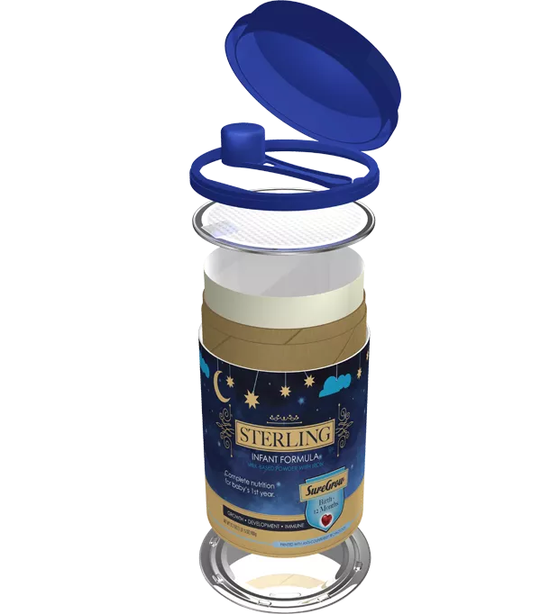 A powdered infant formula container split out so you can see the base and multiple security rings and seals that go at the top