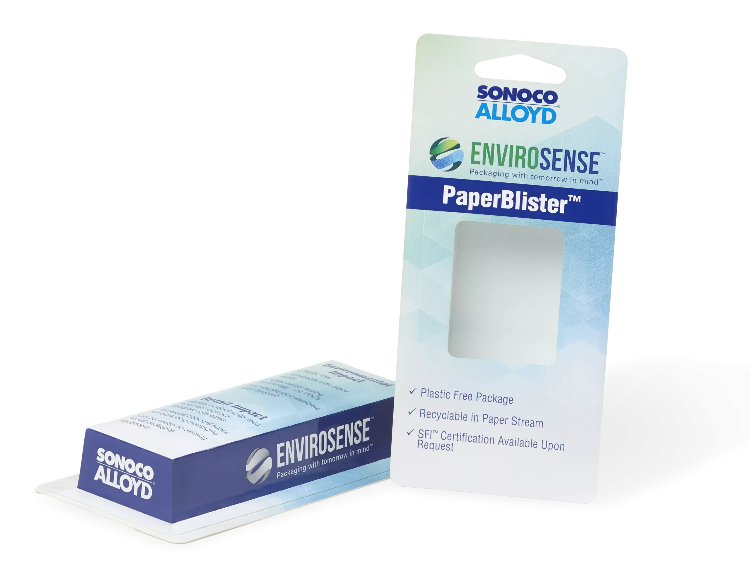All-Paper PaperBlister Package standing up and laying flat