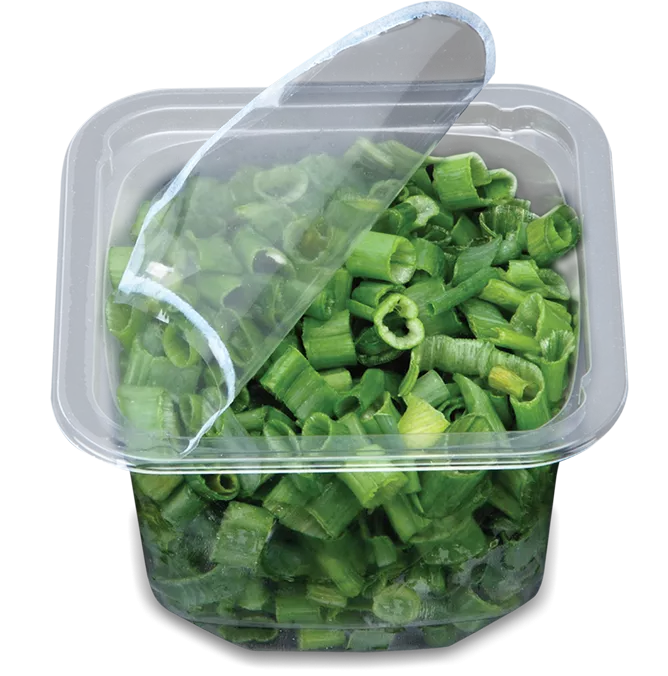 Peel-able Flexible Lidding on Clear PET Thermoform being peeled back.