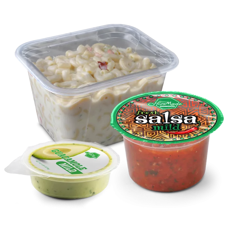 Salsa, guacamole and macaroni containers with lid films
