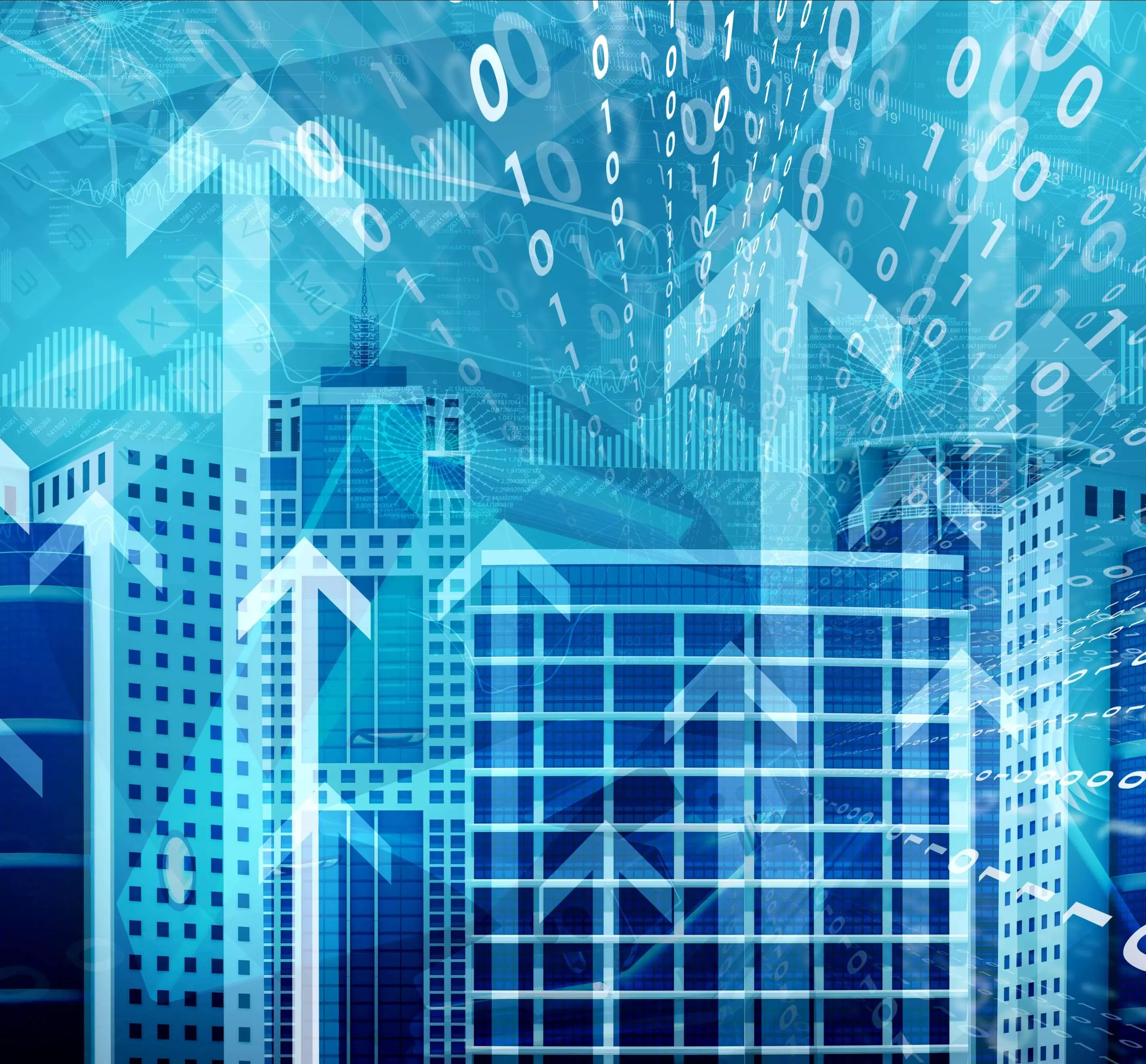 Skyscrapers with the background of figures and arrows