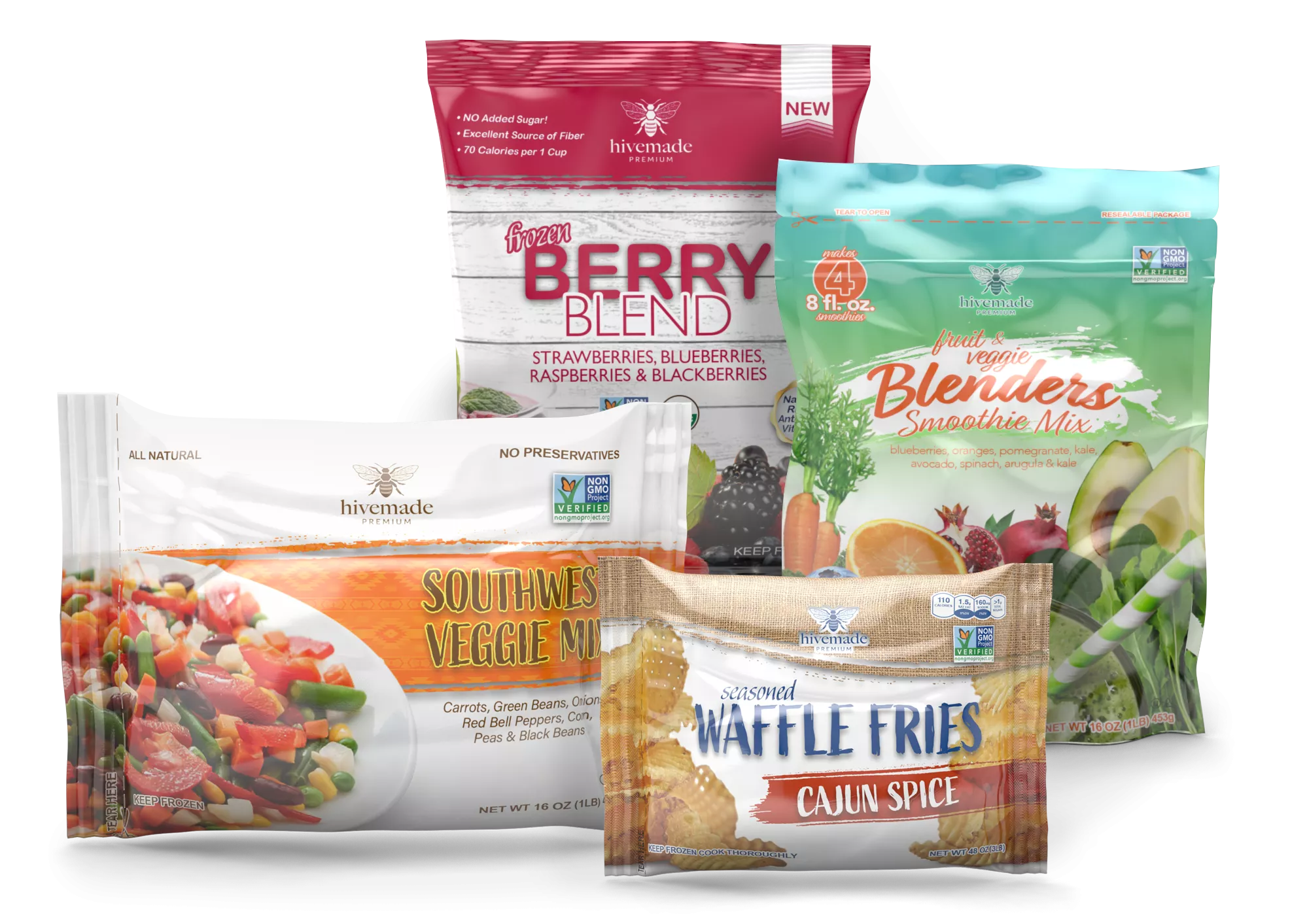 Frozen foods bags and pouches of varying types including a frozen veggie pillow bag and a stand up pouch of frozen berries.