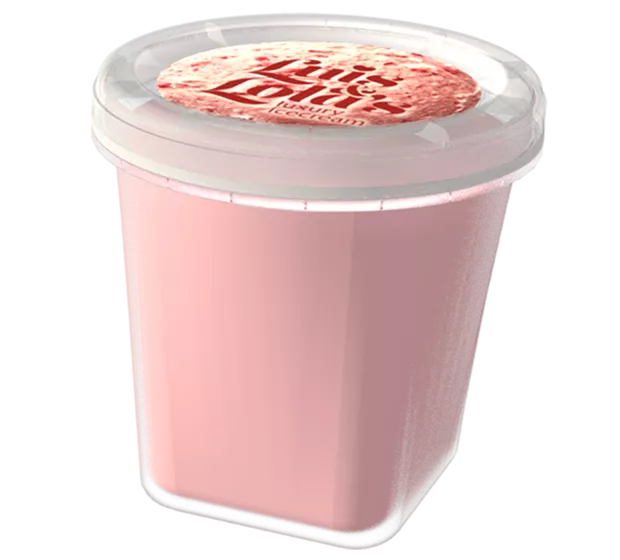 Clear injection molded ice cream container with a top IML label that says Lola's