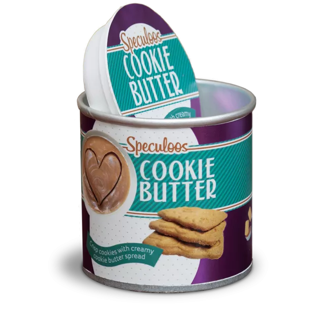 Paper container with steel bottom and portioned speculoos cookie butter dip package peaking out