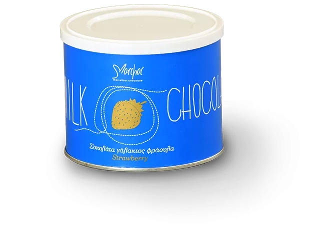 Paper container of milk chocolates with a bright blue paper label and white plastic lid
