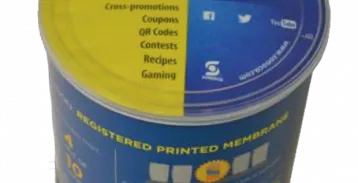 Blue paper container with colorful four section security label printed and showing through the clear lid