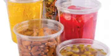 Plastic lidded deli containers.