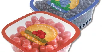 Produce containers with plastic film seal.