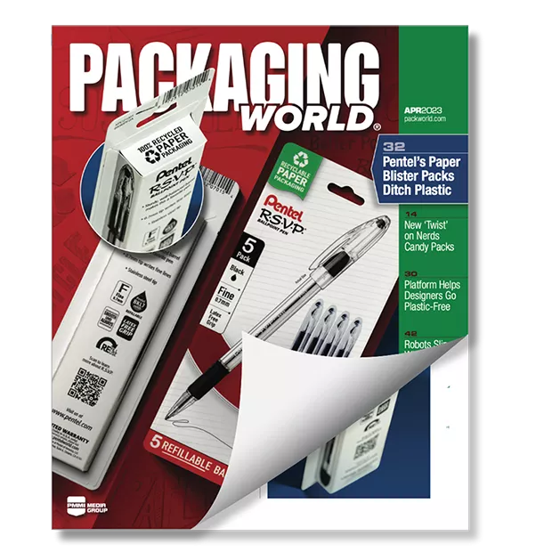 Packaging World cover featuring Pentel's Paper Blister Packs