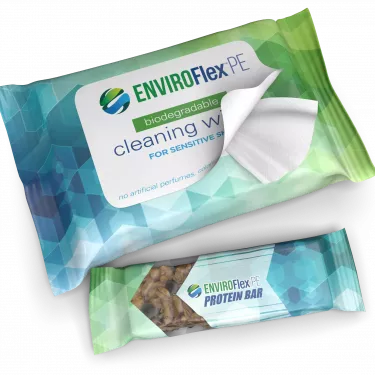 EnviroFlex cleaning wipes packaging and granola bar wrapper